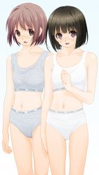 Rule 34 | 2girls, bad id, bad pixiv id, blue background, blush, bra, bra writing, breasts, brown eyes, brown hair, character request, clothes writing, collarbone, copyright request, dedenden (pixiv30568724), english text, grey bra, grey panties, highres, looking at viewer, medium breasts, multiple girls, navel, open mouth, panties, panty writing, short hair, smile, standing, sweatdrop, underwear, white bra, white panties