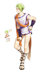 Rule 34 | 1boy, achilles (fate), ancient greek clothes, blush, changye, chibi, chiton, contrapposto, fate/apocrypha, fate/grand order, fate (series), greco-roman clothes, green hair, hand on own hip, legs, male focus, muscular, open mouth, pectorals, sandals, scarf, solo, thighs, yellow eyes