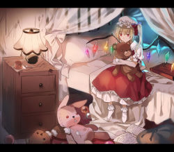 Rule 34 | 1girl, bad id, bad pixiv id, blonde hair, book, crystal, flandre scarlet, full body, hat, hat ribbon, indoors, lamp, letterboxed, mob cap, on bed, open book, pillow, puffy sleeves, red eyes, red medicine, ribbon, shirt, short sleeves, side ponytail, sitting, skirt, skirt set, socks, solo, stuffed animal, stuffed rabbit, stuffed toy, teddy bear, touhou, vest, white socks, wings, wrist cuffs