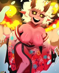 Rule 34 | 10s, 1girl, absurdres, alternate costume, ashido mina, bare shoulders, black sclera, boku no hero academia, breasts, breasts out, casual, collarbone, colored sclera, colored skin, highres, horns, japanese clothes, kimono, leaning forward, lips, medium breasts, midriff, oni, oni horns, pink hair, pink skin, pointy ears, short hair, signature, smile, solo, spiked hair, thehumancopier, toned, white hair, wide sleeves, yellow eyes