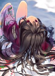 Rule 34 | 1girl, arikawa satoru, black hair, blush, japanese clothes, kimono, long hair, lying, on back, original, red eyes, smile, solo, upside-down, very long hair