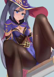 Rule 34 | 1girl, absurdres, black hair, black pantyhose, blue eyes, blue leotard, blush, breasts, closed mouth, commentary, fur trim, genshin impact, hair ornament, hat, highres, leotard, medium breasts, mona (genshin impact), pantyhose, pout, pouty lips, shiny clothes, simple background, sitting, skai kun, solo, twintails, witch hat