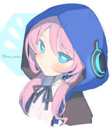 Rule 34 | 1girl, arknights, black jacket, black ribbon, blue background, blue eyes, blue poison (arknights), blush, closed mouth, collared shirt, cropped torso, dress shirt, flying sweatdrops, hair between eyes, hair over shoulder, hood, hood up, hooded jacket, husui parashi, jacket, long hair, looking at viewer, low twintails, neck ribbon, pink hair, ribbon, shirt, solo, twintails, twitter username, two-tone background, upper body, white background, white shirt