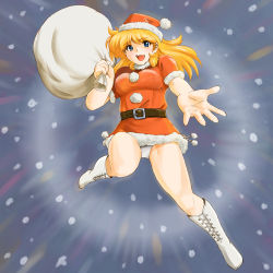 Rule 34 | 1girl, banpresto, bikini, blonde hair, blue eyes, boots, breasts, christmas, cross-laced footwear, emphasis lines, foreshortening, hat, lace-up boots, large breasts, lune zoldark, navel, outstretched arm, outstretched hand, reaching, sack, santa costume, santa hat, shu-z, side-tie bikini bottom, skindentation, snow, solo, speed lines, super robot wars, super robot wars the lord of elemental, swimsuit