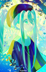 Rule 34 | 1girl, aqua eyes, aqua hair, brown headwear, bug miku (project voltage), colored eyelashes, commentary, creatures (company), crying, crying with eyes open, eungo, forest, game freak, hair between eyes, hair through headwear, hatsune miku, highres, long hair, musical note, nature, necktie, nintendo, pokemon, project voltage, sidelocks, solo, tears, twintails, twitter username, very long hair, vocaloid