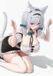 Rule 34 | 1girl, akita hika, animal ear fluff, animal ears, apron, blue eyes, blush, bow, bowtie, breasts, cat ears, cat girl, cat tail, detached sleeves, dress, frilled skirt, frills, garter straps, grey background, hair between eyes, hair bow, highres, long hair, looking at viewer, maid, maid apron, maid headdress, original, pout, puffy sleeves, ribbon, shadow, skirt, solo, sweat, tail, tail bow, tail ornament, thighhighs, thighs, white background, white hair