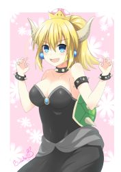 Rule 34 | 1girl, :d, armlet, binato lulu, black dress, blonde hair, blue eyes, blush, bowsette, bracelet, breasts, choker, cleavage, collarbone, covered navel, demon horns, dress, earrings, fang, hair between eyes, horns, jewelry, large breasts, long hair, mario (series), new super mario bros. u deluxe, nintendo, open mouth, ponytail, sleeveless, sleeveless dress, smile, solo, striped clothes, striped dress, super crown