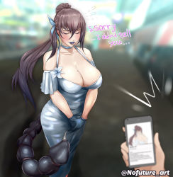Rule 34 | 1girl, arthropod girl, blue dress, blue gloves, blue lips, breasts, brown hair, cellphone, dress, english text, closed eyes, gloves, highres, holding, holding phone, large breasts, long hair, mole, mole on breast, monster girl, nofuture, original, phone, scorpion girl, scorpion tail, side ponytail, sidelocks, smartphone, solo focus, tail