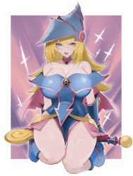 Rule 34 | 1girl, bare legs, bare shoulders, blonde hair, blue footwear, breasts, capelet, choker, cleavage, dark magician girl, dress, duel monster, gem, green eyes, hat, highres, jewelry, kataku musou, large breasts, long hair, looking at viewer, off-shoulder dress, off shoulder, partially visible vulva, pink skirt, purple background, simple background, skirt, solo, wand, wizard hat, yu-gi-oh!
