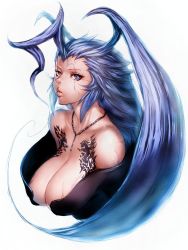Rule 34 | 00s, 1girl, ahoge, bare shoulders, blue eyes, blue hair, breasts, cleavage, final fantasy, final fantasy x, fumio (rsqkr), gender request, genderswap, huge ahoge, huge breasts, jewelry, lips, long hair, matching hair/eyes, necklace, seymour guado, simple background, solo, square enix, tattoo, white background
