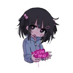 Rule 34 | 1girl, black hair, blunt bangs, blush, hair ornament, heart, heart-shaped pupils, holding, kanikan, open mouth, original, short hair, simple background, solo, sportswear, symbol-shaped pupils, upper body, white background