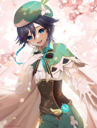 Rule 34 | 1boy, absurdres, anemo symbol (genshin impact), aqua hair, bbtskazedaaaaa, beckoning, beret, black hair, blue eyes, bow, bowtie, braid, cape, corset, cowboy shot, flower, genshin impact, green cape, green hat, green shorts, hand up, hat, hat flower, highres, long sleeves, looking at viewer, open mouth, outstretched hand, pink background, shirt, shorts, simple background, sleeves past elbows, solo, teeth, tongue, twin braids, twitter username, upper teeth only, venti (genshin impact), vision (genshin impact), white flower, white shirt