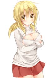 Rule 34 | 1girl, blonde hair, breasts, cleavage, cleavage cutout, clothing cutout, crossed arms, dan ball, hidamari sketch, large breasts, long sleeves, meme attire, miyako (hidamari sketch), open-chest sweater, ponytail, simple background, skirt, solo, sweater, turtleneck, white background, yellow eyes