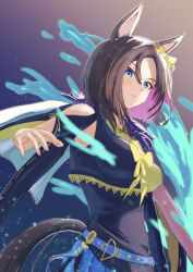 Rule 34 | 1girl, air groove (umamusume), animal ears, bare shoulders, belt, black dress, blue belt, blue eyes, blue skirt, bow, breasts, brown hair, closed mouth, commentary request, cowboy shot, dress, ear bow, feathers, gradient background, hair between eyes, harakomeshi, highres, horse ears, horse girl, horse tail, large breasts, looking at viewer, short hair, skirt, solo, tail, umamusume, yellow bow