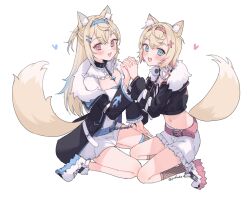 Rule 34 | 2girls, :d, animal ear fluff, animal ears, bandaid, bandaid hair ornament, belt, belt buckle, belt collar, black collar, black jacket, blonde hair, blue belt, blue eyes, blue hair, blush, breasts, buckle, center frills, chain, cleavage, clothing cutout, collar, colored inner animal ears, colored shoe soles, crop top, cropped jacket, crossed bangs, detached collar, dog ears, dog girl, dog tail, double-parted bangs, dress, fake horns, fishnet thighhighs, fishnets, flame print, flat chest, frilled collar, frilled sleeves, frills, fur-trimmed jacket, fur collar, fur trim, fuwawa abyssgard, fuwawa abyssgard (1st costume), hair intakes, hair ornament, hairband, hairclip, headphones, headphones around neck, heart, highres, holding hands, hololive, hololive english, horns, jacket, kneehighs, large breasts, long hair, long sleeves, looking at viewer, midriff, mococo abyssgard, mococo abyssgard (1st costume), multicolored hair, multiple girls, navel, open clothes, open jacket, open mouth, over-kneehighs, pink belt, pink eyes, pink hair, pink hairband, profnote, puffy long sleeves, puffy sleeves, shirt, shoes, short hair, short shorts, shorts, siblings, sidelocks, simple background, single over-kneehigh, single thighhigh, sitting, smile, sneakers, socks, spiked collar, spiked hairband, spikes, streaked hair, tail, thighhighs, twins, twitter username, two side up, virtual youtuber, white background, white dress, white footwear, white shirt, white shorts, x hair ornament