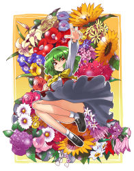 Rule 34 | &gt;:), 1girl, arm up, bellflower, bow, camellia, carnation, cherry blossoms, daffodil, daisy, dandelion, female focus, floral background, flower, gengorou, green hair, highres, hydrangea, kazami yuuka, leaf, lily (flower), lily of the valley, looking at viewer, morning glory, outline, plaid, plaid skirt, plaid vest, plant, red eyes, rose, skirt, skirt set, smile, solo, sunflower, touhou, tulip, upskirt, v-shaped eyebrows, vest