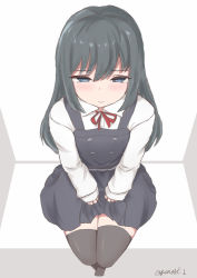 Rule 34 | 1girl, artist name, asashio (kancolle), belt, black dress, black hair, black thighhighs, blue eyes, blush, bow, buttons, child, closed mouth, dress, eyebrows hidden by hair, female focus, full body, highres, kantai collection, long hair, long sleeves, looking at viewer, penasi 1, pinafore dress, red bow, red ribbon, ribbon, shirt, sleeveless dress, solo, swept bangs, thighhighs, twitter username, white background, white shirt, zettai ryouiki