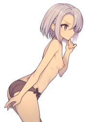 Rule 34 | 1girl, ass, black panties, braid, breasts, closed mouth, commentary request, crotch seam, everyntrge, french braid, from side, grey hair, hand up, nipples, original, panties, purple eyes, short hair, side-tie panties, simple background, small breasts, solo, topless, underwear, white background