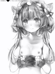 Rule 34 | 1girl, animal ears, bad id, bad twitter id, breasts, closed mouth, eli conifer, gloves, greyscale, hair ribbon, hat, highres, looking at viewer, low twintails, monochrome, nanashi (nlo), nijisanji, nipples, ribbon, simple background, small breasts, smile, solo, twintails, virtual youtuber, white background