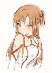 Rule 34 | 10s, 1girl, asuna (sao), bare shoulders, blush, braid, brown eyes, brown hair, detached sleeves, long hair, looking at viewer, lpip, revision, simple background, solo, sword art online, upper body, white background