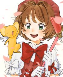 Rule 34 | 1boy, ^ ^, amii 0219, animal, arm up, bow, bowtie, brown hair, cardcaptor sakura, closed eyes, collar, commentary, dress, falling petals, floating, frilled collar, frilled dress, frills, gloves, green eyes, hat, highres, holding, holding wand, kero (cardcaptor sakura), kinomoto sakura, looking at another, magical girl, open mouth, petals, pink dress, pink petals, puffy short sleeves, puffy sleeves, red bow, red bowtie, red ribbon, ribbon, short hair, short sleeves, signature, smile, upper body, wand, white background, white gloves, white ribbon, white wings, wings