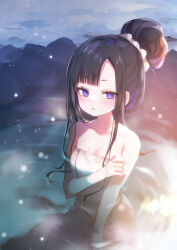 Rule 34 | 1girl, asymmetrical bangs, bare shoulders, black hair, blunt bangs, breasts, closed mouth, collarbone, commentary request, eunhwa (nikke), fummy, goddess of victory: nikke, hair bun, highres, long hair, looking at viewer, naked towel, onsen, parted bangs, partially submerged, purple eyes, seiza, sitting, small breasts, snowing, solo, towel, water