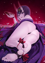Rule 34 | 1girl, alcohol, ankle ribbon, ass, barefoot, blush, cherry blossoms, cup, fang, fate/grand order, fate (series), feet, fingernails, foot focus, foreshortening, from behind, head rest, highres, horns, japanese clothes, jiushi shijiu, leg ribbon, looking at viewer, nail polish, open mouth, pov, purple eyes, purple hair, red background, ribbon, sakazuki, sake, shuten douji (fate), shuten douji (first ascension) (fate), soles, solo, toenail polish, toenails, toes