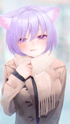 Rule 34 | 1girl, absurdres, animal ear fluff, animal ears, antenna hair, black sweater, blush, brown coat, cat ears, cat girl, coat, commentary request, duffel coat, eyes visible through hair, fang, hair between eyes, hand up, highres, hololive, hololive gamers, long sleeves, looking at viewer, nanome to, nekomata okayu, parted lips, purple eyes, purple hair, scarf, short hair, skin fang, solo, sweater, upper body, virtual youtuber