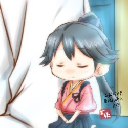 Rule 34 | 1boy, 1girl, admiral (kancolle), black hair, blue skirt, chibi, closed eyes, closed mouth, commentary request, dated, facing viewer, highres, houshou (kancolle), japanese clothes, kantai collection, mini person, minigirl, pantyhose, pleated skirt, ponytail, seiza, signature, sitting, skirt, smile, taisa (kari), twitter username, white pantyhose, wide sleeves