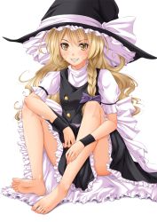 Rule 34 | 1girl, bad id, bad pixiv id, barefoot, blonde hair, blush, bow, braid, chiro, feet, full body, hair bow, hat, kirisame marisa, knees apart feet together, legs, long hair, puffy short sleeves, puffy sleeves, shadow, short sleeves, simple background, single braid, sitting, smile, soles, solo, tachibana (digital selery), toes, touhou, white background, witch hat, wristband, yellow eyes