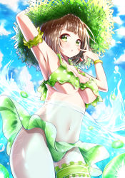Rule 34 | 1girl, :o, absurdres, armpits, arms up, bikini, blunt bangs, blush, breasts, brown hair, cleavage, cloud, day, female focus, finger to cheek, food, frilled bikini, frills, fruit, green bikini, green eyes, green hat, green theme, hat, highres, jewelry, kiwi (fruit), kiwi slice, large breasts, navel, necklace, ocean, original, outdoors, parted lips, partially submerged, personification, short hair, sky, solo, stomach, summer, swimsuit, takemura kou, thigh strap, thighs, underboob, water