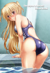 Rule 34 | 1girl, alisa reinford, ass, blonde hair, blush, cameltoe, competition swimsuit, eiyuu densetsu, falcom, female focus, from behind, kagura yuuto, long hair, one-piece swimsuit, poolside, red eyes, sen no kiseki, solo, swimsuit, two side up, water, wet