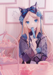Rule 34 | 1girl, absurdres, animal ears, arknights, black bow, black jacket, blonde hair, blue eyes, blue flower, bow, cake, cake stand, cat ears, commentary, cup, cupcake, fan to mouth, flower, folding fan, food, hair bow, hair flower, hair ornament, hand fan, highres, holding, holding fan, indoors, iris (arknights), jacket, long hair, looking at viewer, miike (992058), open clothes, open jacket, picture frame, sandwich, saucer, shirt, sitting, smile, solo, table, teacup, upper body, very long hair, white shirt