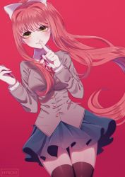 Rule 34 | 1girl, artist name, blazer, blush, bow, brown hair, collared shirt, doki doki literature club, finger to mouth, glitch, green eyes, hair bow, hair intakes, hands up, holding, holding pen, hynori, index finger raised, jacket, long hair, long sleeves, looking at viewer, monika (doki doki literature club), neck ribbon, parted lips, pen, pleated skirt, ponytail, ribbon, school uniform, shirt, shushing, simple background, skirt, smile, solo, thighhighs, very long hair