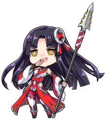 Rule 34 | 1girl, black hair, bodysuit, chibi, full body, holding, holding weapon, lance, laughing, lilith-soft, long hair, maiden, no background, official art, open mouth, polearm, red bodysuit, smile, spear, star-shaped pupils, star (symbol), symbol-shaped pupils, taimanin (series), taimanin gogo!, tanaka ine, weapon, yellow eyes