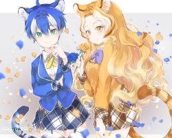 Rule 34 | 10s, 2girls, ahoge, animal ears, blonde hair, blue flower, blue hair, blue rose, bow, bowtie, closed mouth, extra ears, flower, garter straps, golden tabby tiger (kemono friends), green eyes, hair between eyes, hand on own arm, hand on own chin, hand up, highres, holding, holding flower, jacket, kemono friends, long hair, long sleeves, looking at viewer, maltese tiger (kemono friends), multicolored hair, multiple girls, orange eyes, parted bangs, petals, plaid, plaid skirt, rose, shirt, short hair, skirt, smile, standing, tail, tatsuno newo, thighhighs, tiger ears, tiger tail, twitter username, two-tone hair, very long hair, white hair, white shirt, yellow flower, yellow rose, zettai ryouiki