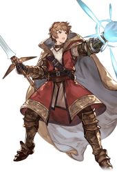 Rule 34 | 10s, 1boy, alpha transparency, armor, armored boots, belt, boots, brown eyes, brown hair, cape, choker, full body, glowing, gran (granblue fantasy), granblue fantasy, legs apart, looking afar, male focus, minaba hideo, official art, open mouth, outstretched arm, short hair, solo, sword, sword master (granblue fantasy), transparent background, weapon, wide stance