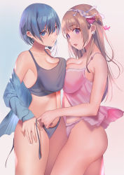 Rule 34 | 2girls, absurdres, artist request, asymmetrical docking, babydoll, blue eyes, blue shirt, breast press, breasts, brown hair, camisole, cleavage, collarbone, earrings, flower, flower earrings, hair flower, hair ornament, hairband, hand on own hip, highres, inushima, jewelry, large breasts, long hair, looking at viewer, multiple girls, off shoulder, open clothes, open mouth, open shirt, original, panties, pink babydoll, pink panties, purple eyes, shirt, short hair, side-tie panties, sleepwear, thighs, underwear, untied panties