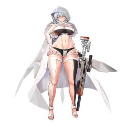 Rule 34 | 1girl, abs, asymmetrical legwear, black panties, black thighhighs, blush, braid, breasts, breasts apart, cape, closed mouth, crop top, elbow gloves, english text, fingerless gloves, game cg, gloves, gluteal fold, grey hair, gun, hair between eyes, hand on own hip, high heels, highleg, highres, holding, holding gun, holding weapon, hood, large breasts, last origin, linea alba, long hair, looking at viewer, mismatched legwear, navel, official alternate costume, official art, panties, rifle, see-through, see-through hood, sima (startwitch), simple background, single braid, skindentation, sniper rifle, solo, tachi-e, thick thighs, thighhighs, thighs, third-party source, transparent background, underboob, underwear, weapon, white cape, white footwear, white gloves, white thighhighs, wide hips, wraith (last origin), yellow eyes