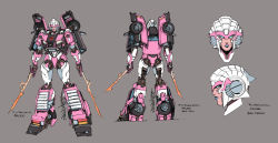 Rule 34 | 1girl, alex milne, arcee, autobot, blue eyes, blue lips, character name, close-up, commentary, concept art, copyright name, dual wielding, english commentary, grey background, highres, holding, holding sword, holding weapon, mecha, multiple views, official art, production art, robot, standing, sword, terminator (series), the terminator, transformers, transformers vs. the terminator, weapon