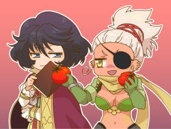 Rule 34 | 1boy, 1girl, armor, black hair, blue eyes, book, bra, bracelet, breasts, cape, cleavage, conway tau, earrings, eyepatch, frills, gloves, grey hair, jewelry, long hair, midriff, navel, open mouth, pink background, ponytail, qq selesneva, scarf, short hair, tales of (series), tales of innocence, tattoo, tomato, underwear, yellow eyes