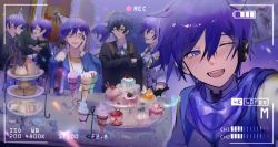 Rule 34 | :d, blue eyes, blue hair, cake, cake stand, cupcake, dessert, evillious nendaiki, food, gallerian marlon, hair between eyes, hand on another&#039;s head, happy birthday, hat, highres, ice cream, indoors, iro hikasetsu, kaito (vocaloid), leo/need kaito, long sleeves, looking at viewer, male focus, megurine luka, more more jump! kaito, multiple boys, multiple persona, open mouth, party hat, project sekai, recording, scarf, smile, takoluka, tart (food), viewfinder, vivid bad squad kaito, vocaloid, wafer stick, wonderlands x showtime kaito