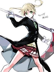 Rule 34 | 1girl, blonde hair, full body, green eyes, green necktie, highres, holding, holding scythe, long hair, long sleeves, looking at viewer, maka albarn, necktie, plaid, plaid skirt, pleated skirt, scythe, simple background, skirt, solo, soul eater, striped necktie, tamatetama, twintails, white background