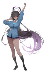 Rule 34 | 1girl, absurdly long hair, absurdres, arm up, black footwear, black hair, black socks, black wristband, blue archive, blue bow, blue bowtie, blue nails, blue ribbon, blue skirt, blue sweater, bow, bowtie, breasts, buttons, closed mouth, dai nikucho, dark-skinned female, dark skin, facing viewer, full body, halo, highres, impossible clothes, karin (blue archive), large breasts, legs, loafers, long hair, long legs, long sleeves, looking at viewer, miniskirt, multicolored hair, multiple girls, nail polish, one eye closed, open collar, purple hair, purple halo, ribbon, school uniform, shirt, shoes, simple background, skirt, sleeves rolled up, smile, socks, solo, standing, stretched limb, stretching, sweater, thighs, very long hair, white background, white shirt, yellow eyes