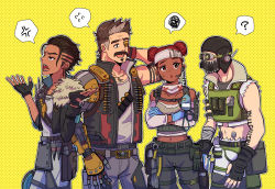 Rule 34 | 2boys, 2girls, :o, ?, animification, apex legends, ariga (22pudding22), black gloves, black headwear, blue gloves, brown hair, confused, dark-skinned female, dark skin, detached sleeves, double bun, eyepatch, fingerless gloves, freckles, fuse (apex legends), gloves, hair bun, hair slicked back, head tilt, headband, headset, lifeline (apex legends), mad maggie (apex legends), mask, mechanical arms, mouth mask, multicolored hair, multiple boys, multiple girls, octane (apex legends), one eye covered, open mouth, purple lips, red hair, shrugging, single mechanical arm, speech bubble, spoken question mark, spoken squiggle, squiggle, streaked hair, white headband