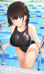 Rule 34 | 1girl, black hair, black one-piece swimsuit, blue eyes, bob cut, breasts, competition swimsuit, lane line, large breasts, one-piece swimsuit, original, pool, pool ladder, poolside, swimsuit, vegetablenabe, wet