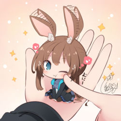 Rule 34 | 1boy, 1girl, :d, amiya (arknights), animal ear fluff, animal ears, arknights, ascot, beni shake, between legs, black jacket, blue eyes, blue skirt, brown background, brown hair, cheek poking, chibi, closed mouth, commentary request, doctor (arknights), full body, gradient background, grey ascot, hair between eyes, hand between legs, heart, hood, hood down, hooded jacket, in palm, jacket, long hair, long sleeves, looking at viewer, low ponytail, mini person, minigirl, one eye closed, open clothes, open jacket, open mouth, out of frame, pantyhose, poking, ponytail, rabbit ears, shirt, sidelocks, signature, simple background, sitting, skirt, smile, solo focus, sparkle, spoken heart, star (symbol), starry background, tagme, very long hair, white background, white shirt