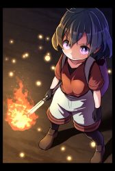 Rule 34 | 10s, 1girl, backpack, bag, black border, black gloves, black hair, black pantyhose, border, brown footwear, clenched hand, collarbone, commentary request, fire, from above, full body, gloves, hair between eyes, highres, kaban (kemono friends), kemono friends, looking up, no headwear, no headwear, pants, pantyhose, purple eyes, red shirt, serious, shipii (jigglypuff), shirt, shoes, short hair, short sleeves, solo, spoilers, standing, torch, white pants