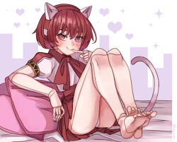 Rule 34 | 1girl, android, arm rest, bare legs, barefoot, bed sheet, blush, bow, bowtie, cityscape, closed mouth, commentary, dorothy haze, feet, finger to mouth, full body, hairband, hakai no ika, heart, heart-shaped pupils, joints, legs, looking at viewer, panties, pillow, pleated skirt, puffy short sleeves, puffy sleeves, red bow, red bowtie, red eyes, red hair, red skirt, robot joints, shirt, short hair, short sleeves, simple background, sitting, skirt, smile, soles, solo, symbol-shaped pupils, toes, underwear, va-11 hall-a, white panties, white shirt