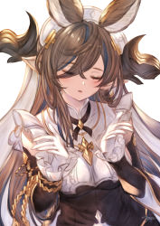 Rule 34 | 1girl, animal ears, asymmetrical hair, blush, breasts, brown hair, closed eyes, detached sleeves, extra ears, frilled sleeves, frills, galleon (granblue fantasy), gloves, granblue fantasy, highres, horns, large breasts, long hair, mugen kageno, multicolored hair, parted lips, pointy ears, solo, streaked hair, umapyoi densetsu, very long hair, white gloves